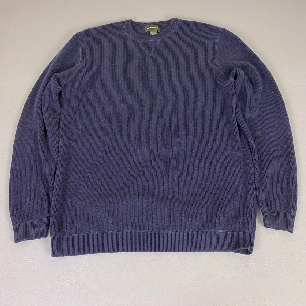 Eddie Bauer Sweater Mens XL Tall Blue Ribbed Knit Pullover Crew Neck 100% Cotton - Picture 1 of 9